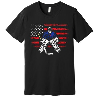 Hockey Goalie Gift USA Flag Hockey Stick Ice Hockey Premium T-Shirt