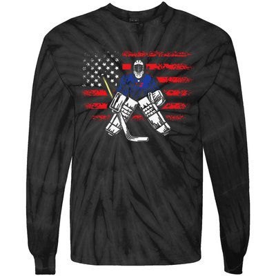 Hockey Goalie Gift USA Flag Hockey Stick Ice Hockey Tie-Dye Long Sleeve Shirt