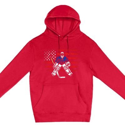 Hockey Goalie Gift USA Flag Hockey Stick Ice Hockey Premium Pullover Hoodie