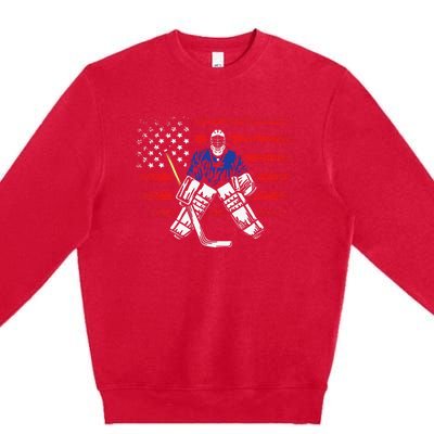 Hockey Goalie Gift USA Flag Hockey Stick Ice Hockey Premium Crewneck Sweatshirt