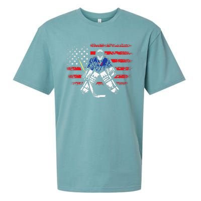 Hockey Goalie Gift USA Flag Hockey Stick Ice Hockey Sueded Cloud Jersey T-Shirt