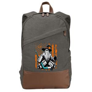 Hockey Goalie Ghost Halloween American Flag Ice Hockey Meaningful Gift Cotton Canvas Backpack