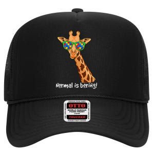 Hipster Giraffe Glasses Normal is Boring Autism Awareness High Crown Mesh Back Trucker Hat