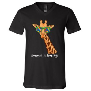 Hipster Giraffe Glasses Normal is Boring Autism Awareness V-Neck T-Shirt