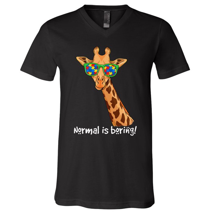 Hipster Giraffe Glasses Normal is Boring Autism Awareness V-Neck T-Shirt