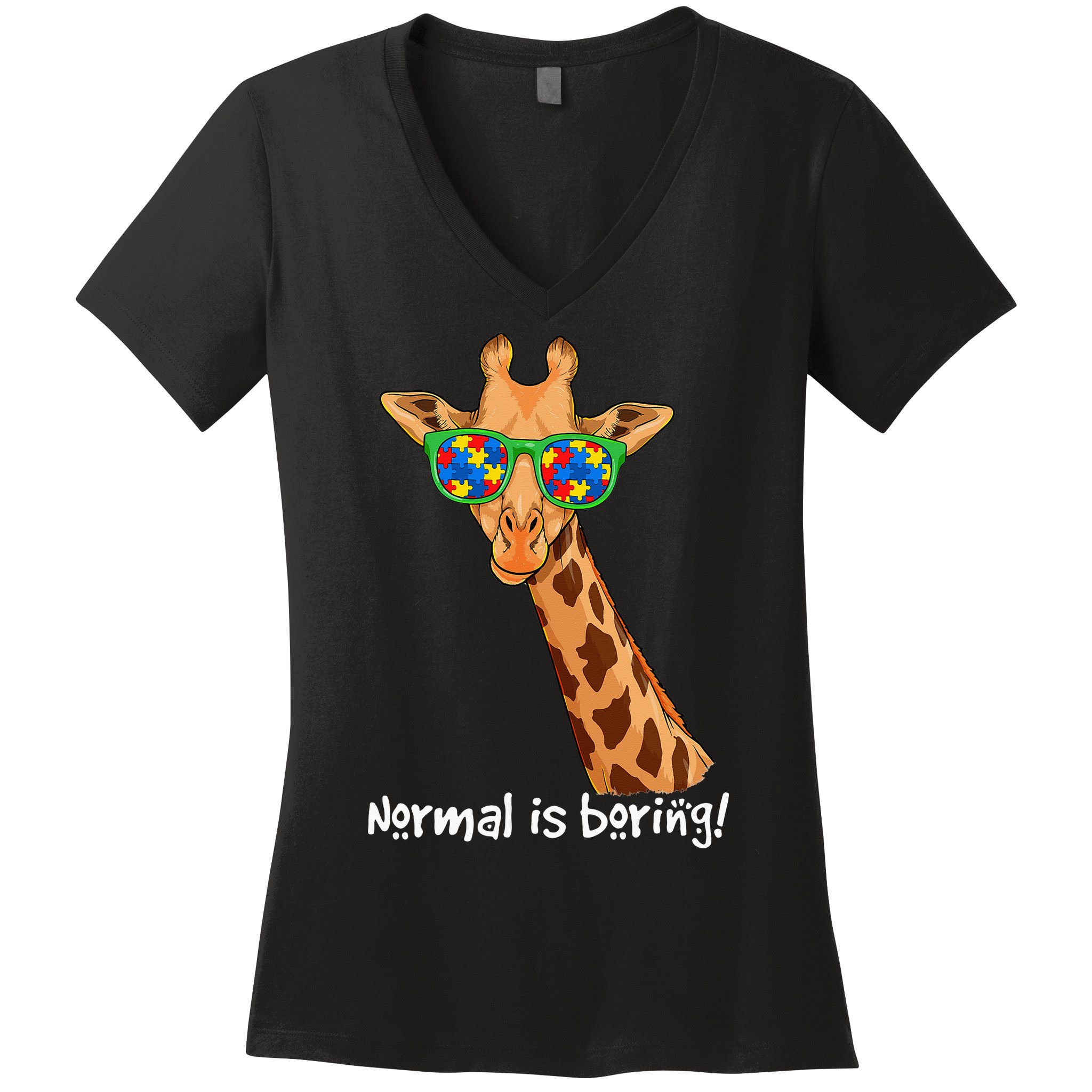 Hipster Giraffe Glasses Normal is Boring Autism Awareness Women's V-Neck T-Shirt