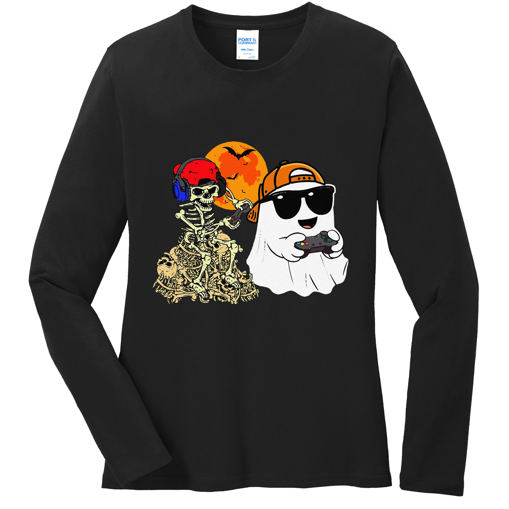 Halloween Ghost Gaming Scary Skeleton Gamer Gift Ladies Long Sleeve Shirt