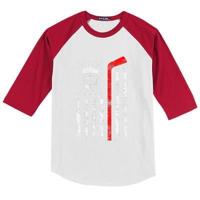 Hockey Goalie Gift USA Flag Hockey Stick Ice Kids Colorblock Raglan Jersey