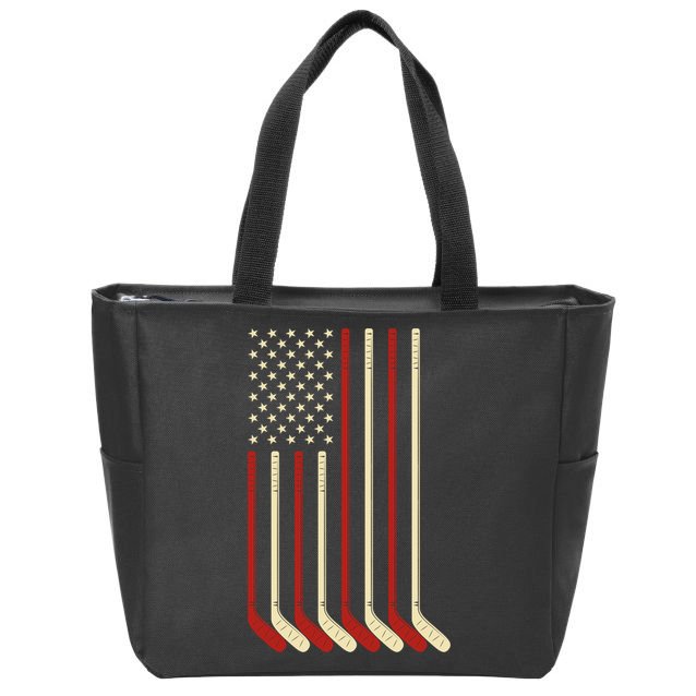 Hockey Goalie Gift Usa Flag Hockey Stick Ice Hockey Gift Zip Tote Bag