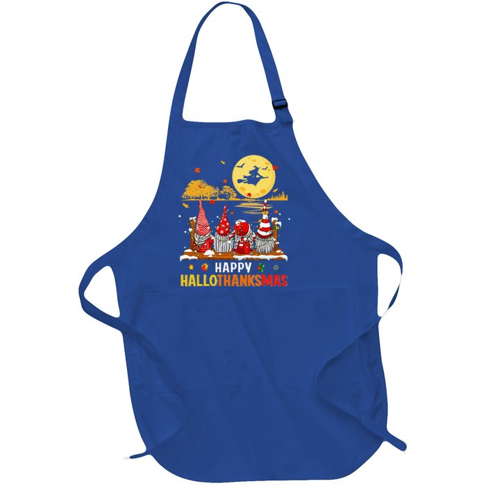 Halloween Gnomes Happy HalloThanksMas Thanksgiving Christmas Full-Length Apron With Pockets