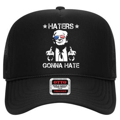 Haters Gonna Hate Middle Finger Funny Trump 2024 President High Crown Mesh Back Trucker Hat