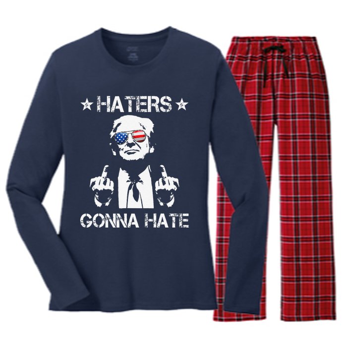 Haters Gonna Hate Middle Finger Funny Trump 2024 President Women's Long Sleeve Flannel Pajama Set 