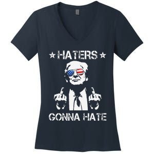 Haters Gonna Hate Middle Finger Funny Trump 2024 President Women's V-Neck T-Shirt