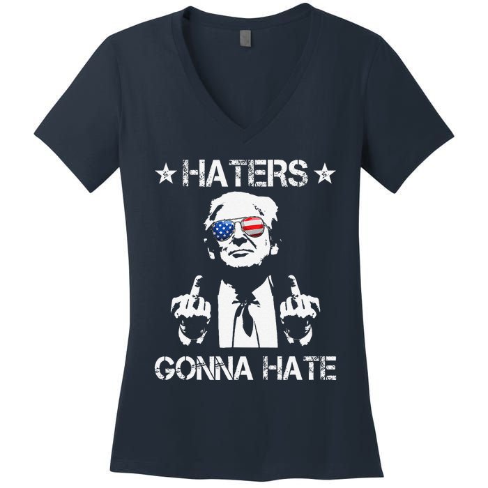 Haters Gonna Hate Middle Finger Funny Trump 2024 President Women's V-Neck T-Shirt