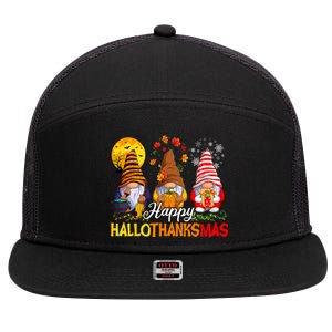 Hallothanksmas Gnomes Halloween Thanksgiving Merry Christmas 7 Panel Mesh Trucker Snapback Hat