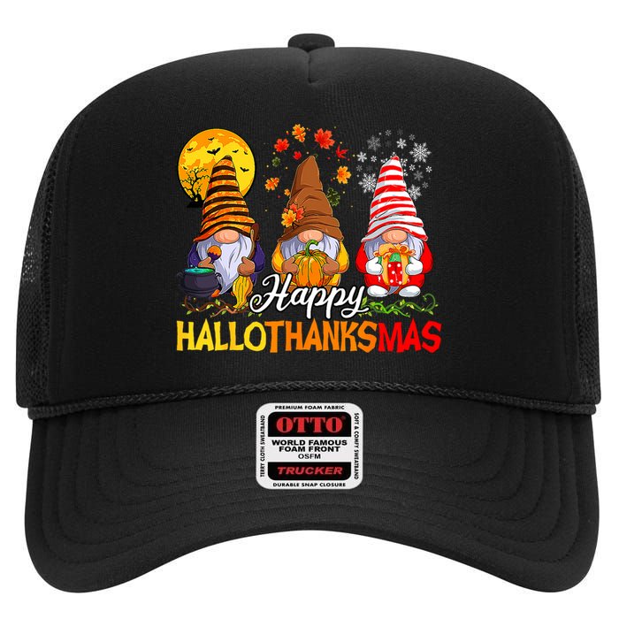 Hallothanksmas Gnomes Halloween Thanksgiving Merry Christmas High Crown Mesh Back Trucker Hat