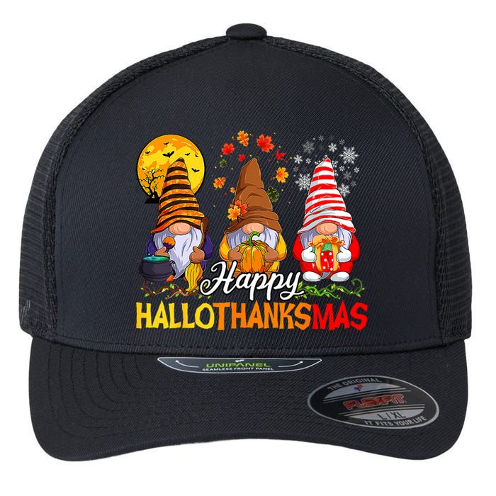 Hallothanksmas Gnomes Halloween Thanksgiving Merry Christmas Flexfit Unipanel Trucker Cap