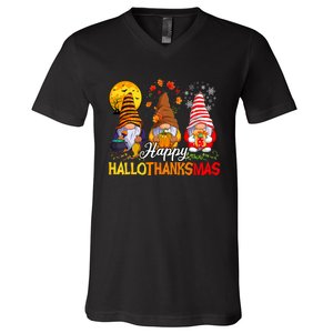 Hallothanksmas Gnomes Halloween Thanksgiving Merry Christmas V-Neck T-Shirt