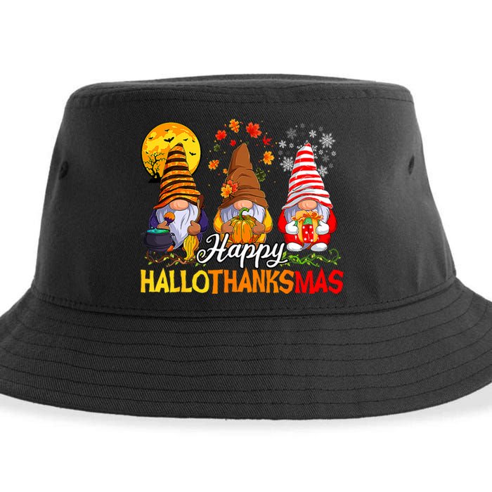 Hallothanksmas Gnomes Halloween Thanksgiving Merry Christmas Sustainable Bucket Hat