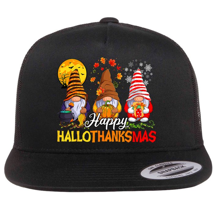 Hallothanksmas Gnomes Halloween Thanksgiving Merry Christmas Flat Bill Trucker Hat