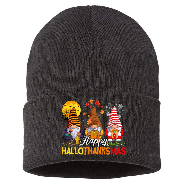 Hallothanksmas Gnomes Halloween Thanksgiving Merry Christmas Sustainable Knit Beanie