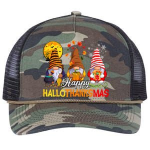 Hallothanksmas Gnomes Halloween Thanksgiving Merry Christmas Retro Rope Trucker Hat Cap