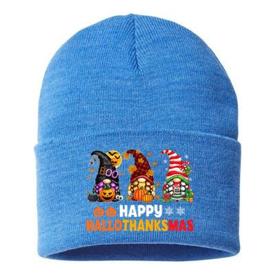 Halloween Gnomes Happy Hallothanksmas Thanksgiving Christmas Cool Gift Sustainable Knit Beanie