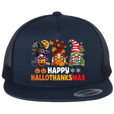 Halloween Gnomes Happy Hallothanksmas Thanksgiving Christmas Cool Gift Flat Bill Trucker Hat