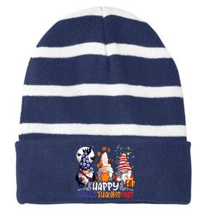 Hallothanksmas Gnomes Halloween Thanksgiving Christmas Happy Striped Beanie with Solid Band