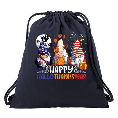 Hallothanksmas Gnomes Halloween Thanksgiving Christmas Happy Drawstring Bag