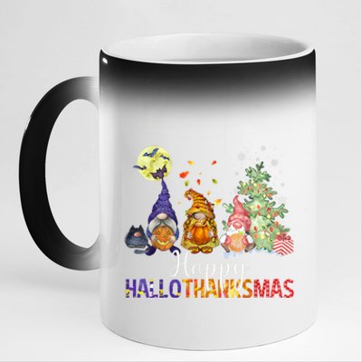 HalloThanksMas Gnomes Halloween Thanksgiving Christmas 11oz Black Color Changing Mug