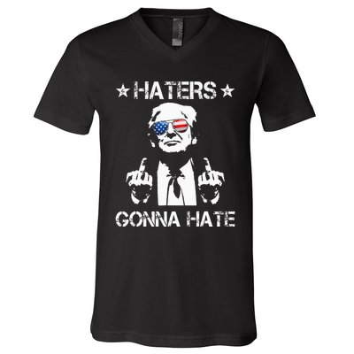 Haters Gonna Hate Middle Finger Funny Trump 2024 President V-Neck T-Shirt