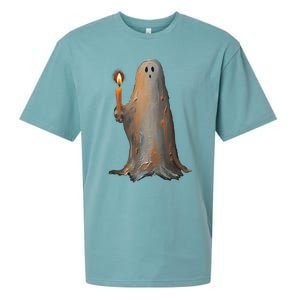 Halloween Ghost Holding Candle Spooky Gift Sueded Cloud Jersey T-Shirt