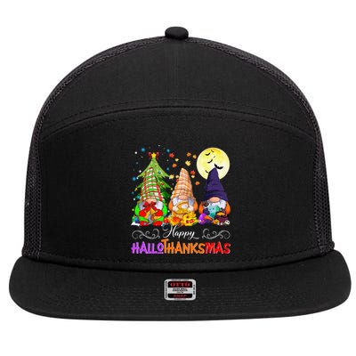 Hallothanksmas Gnomes Halloween Thanksgiving Christmas Happy 7 Panel Mesh Trucker Snapback Hat