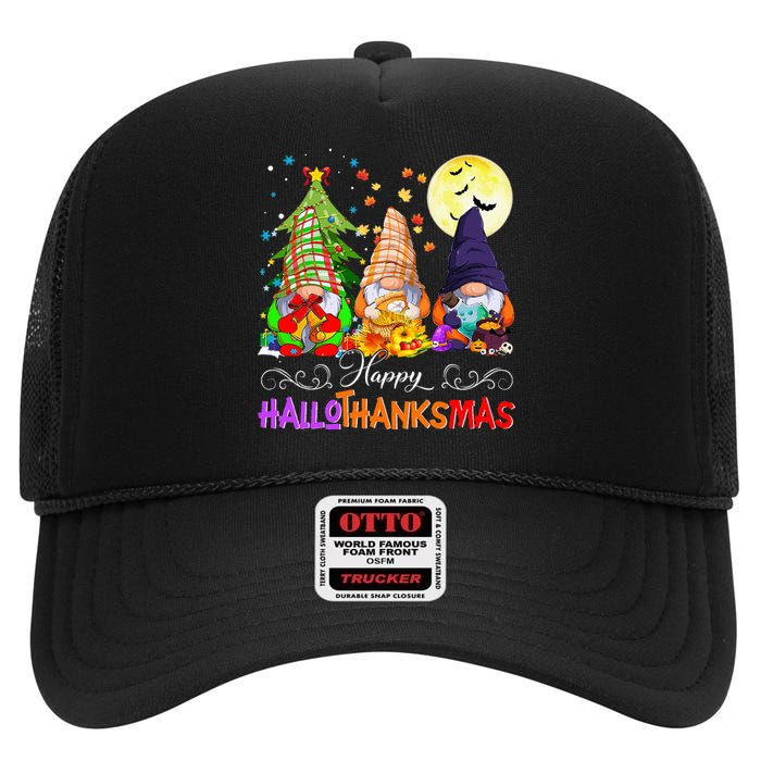 Hallothanksmas Gnomes Halloween Thanksgiving Christmas Happy High Crown Mesh Back Trucker Hat