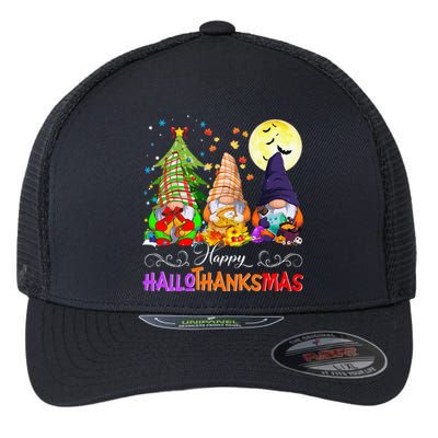 Hallothanksmas Gnomes Halloween Thanksgiving Christmas Happy Flexfit Unipanel Trucker Cap