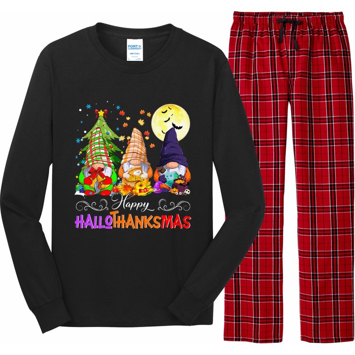 Hallothanksmas Gnomes Halloween Thanksgiving Christmas Happy Long Sleeve Pajama Set