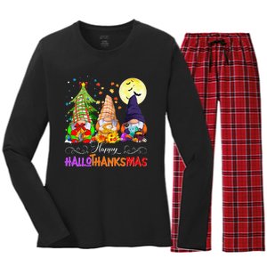 Hallothanksmas Gnomes Halloween Thanksgiving Christmas Happy Women's Long Sleeve Flannel Pajama Set 