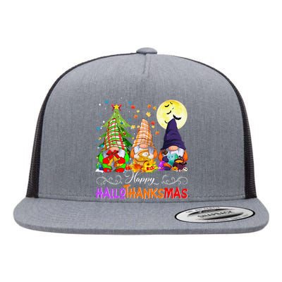 Hallothanksmas Gnomes Halloween Thanksgiving Christmas Happy Flat Bill Trucker Hat