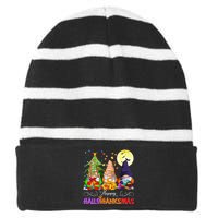 Hallothanksmas Gnomes Halloween Thanksgiving Christmas Happy Striped Beanie with Solid Band