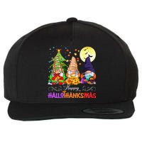 Hallothanksmas Gnomes Halloween Thanksgiving Christmas Happy Wool Snapback Cap