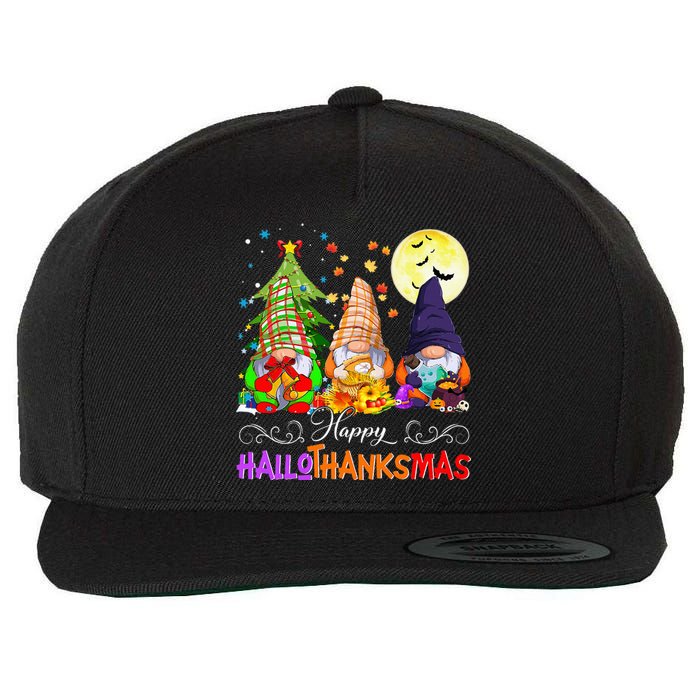 Hallothanksmas Gnomes Halloween Thanksgiving Christmas Happy Wool Snapback Cap