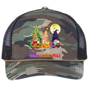 Hallothanksmas Gnomes Halloween Thanksgiving Christmas Happy Retro Rope Trucker Hat Cap