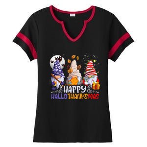 HalloThanksMas Gnomes Halloween Thanksgiving Christmas Happy Ladies Halftime Notch Neck Tee