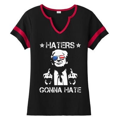 Haters Gonna Hate Middle Finger Funny Trump 2024 President Ladies Halftime Notch Neck Tee