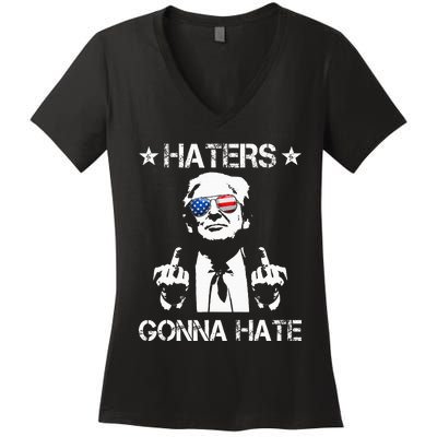 Haters Gonna Hate Middle Finger Funny Trump 2024 President Women's V-Neck T-Shirt