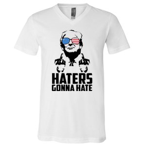 Haters Gonna Hate Donald Trump Middle Finger Funny Usa V-Neck T-Shirt