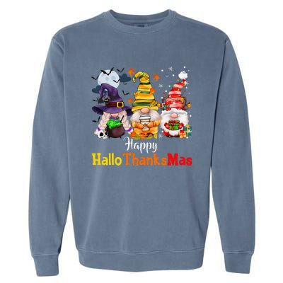 Halloween Gnomes Happy HalloThanksMas Thanksgiving Christmas Cute Garment-Dyed Sweatshirt