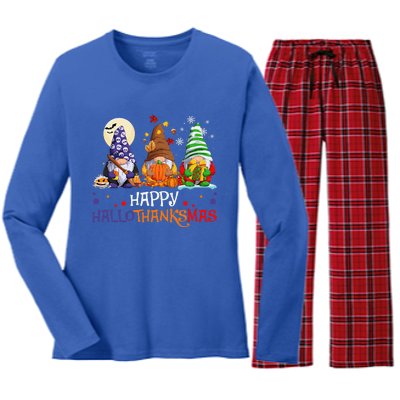 Halloween Gnomes Happy HalloThanksMas Thanksgiving Christmas Gift Women's Long Sleeve Flannel Pajama Set 