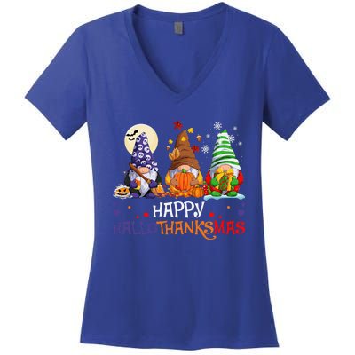 Halloween Gnomes Happy HalloThanksMas Thanksgiving Christmas Gift Women's V-Neck T-Shirt